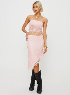 Asymmetric midi skirt Thin elasticated waistband, tassel hem Good stretch, fully lined 