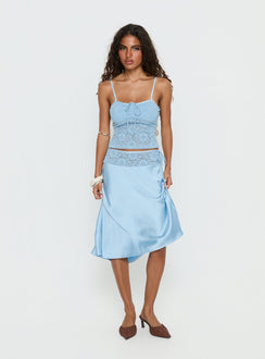 Evlin Lace Detail Satin Midi Skirt Blue