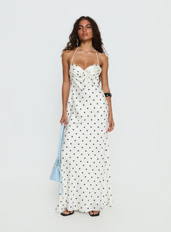 Costella Halter Satin Maxi Dress Cream Polka Dot