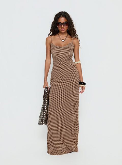 Aliah Cowl Neck Maxi Dress Brown Polka Dot