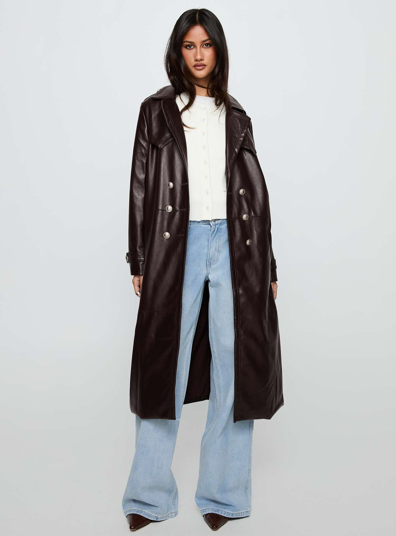 High Standards Faux Leather Trench Coat Brown