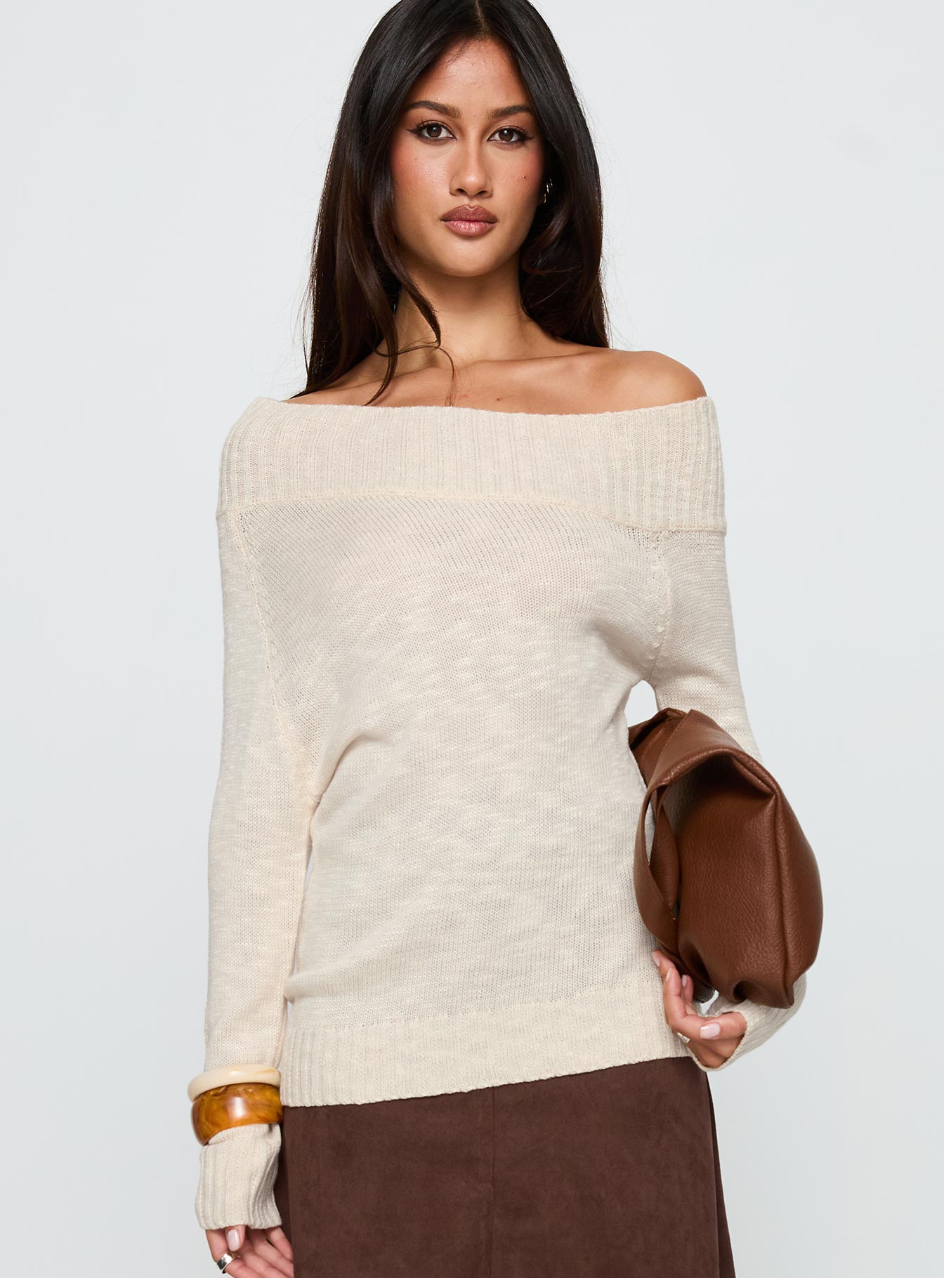 front view of model wearing Princess Polly Alyxandra Off Shoulder Knit Sweater Beige Long 