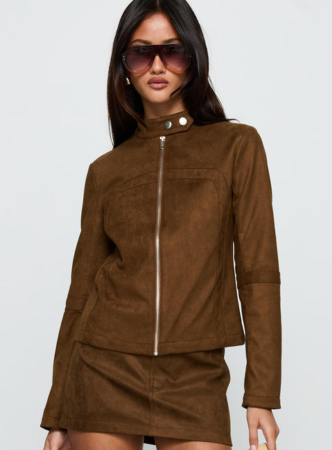 Born To Brag Faux Suede Jacket Brown