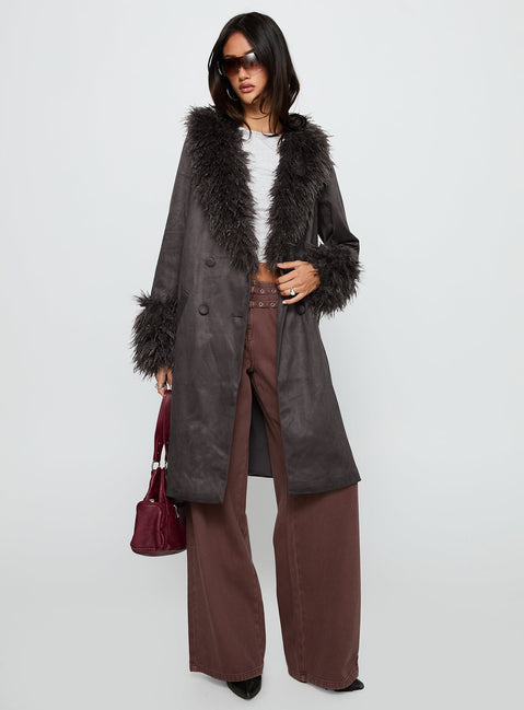 Carry The Feeling Faux Fur Trim Jacket Brown