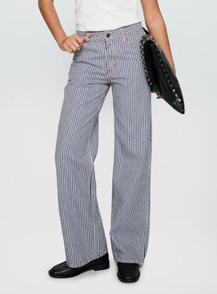 side view of model wearing Princess Polly Top Model Jean Navy Stripe Low Rise Pants 