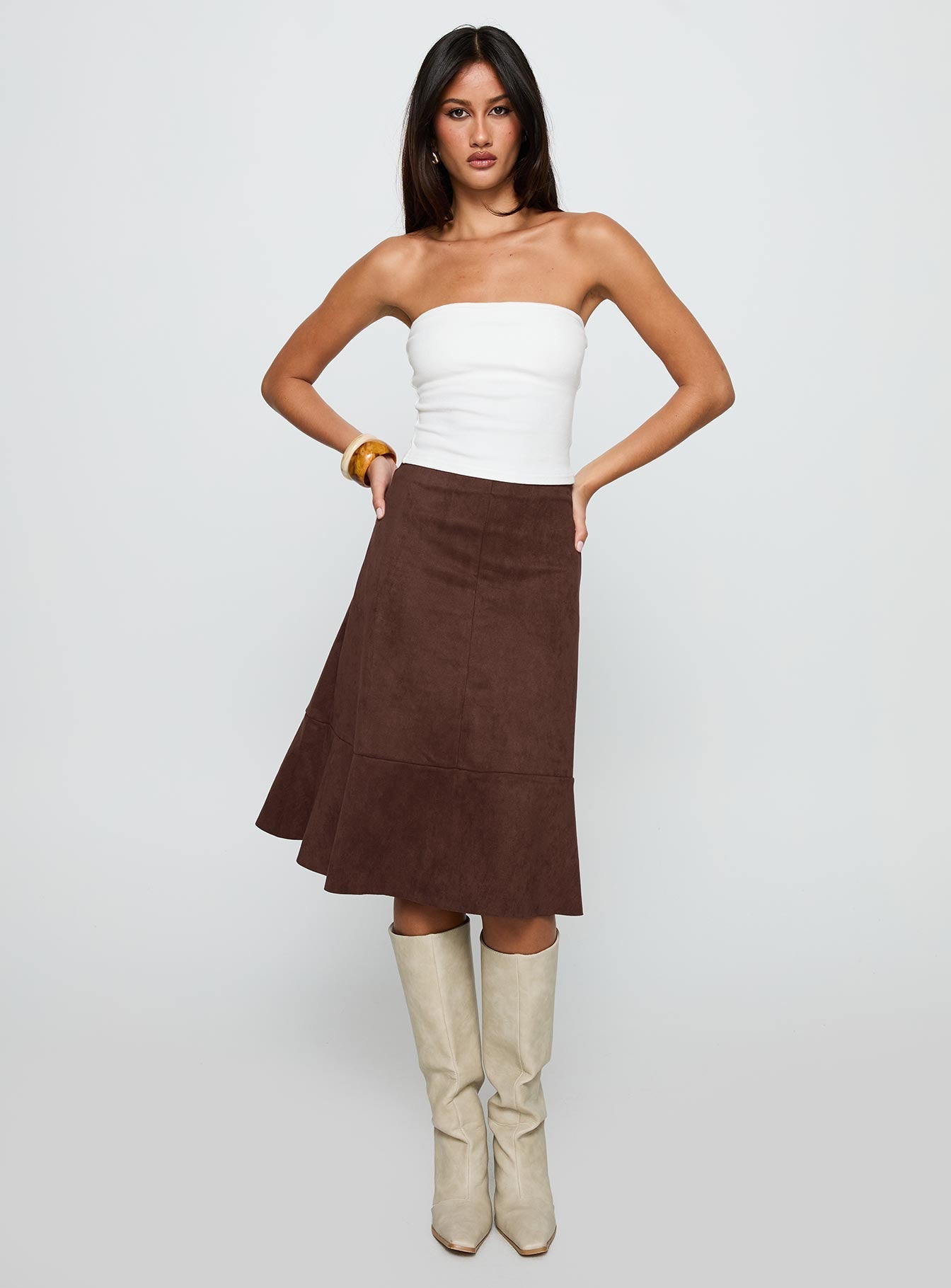 Grimaud Faux Suede Midi Skirt Brown