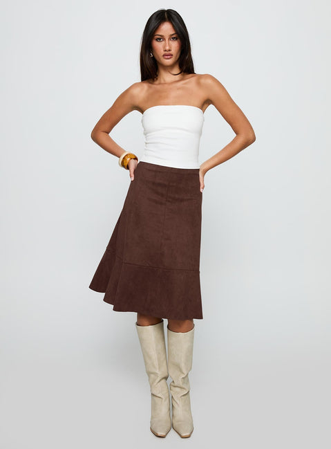 Grimaud Faux Suede Midi Skirt Brown