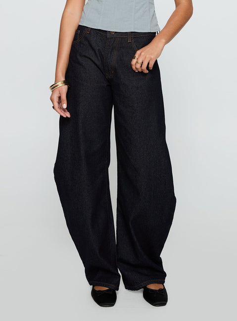 Horseshoe Mid Rise Barrel Leg Jeans Dark Denim