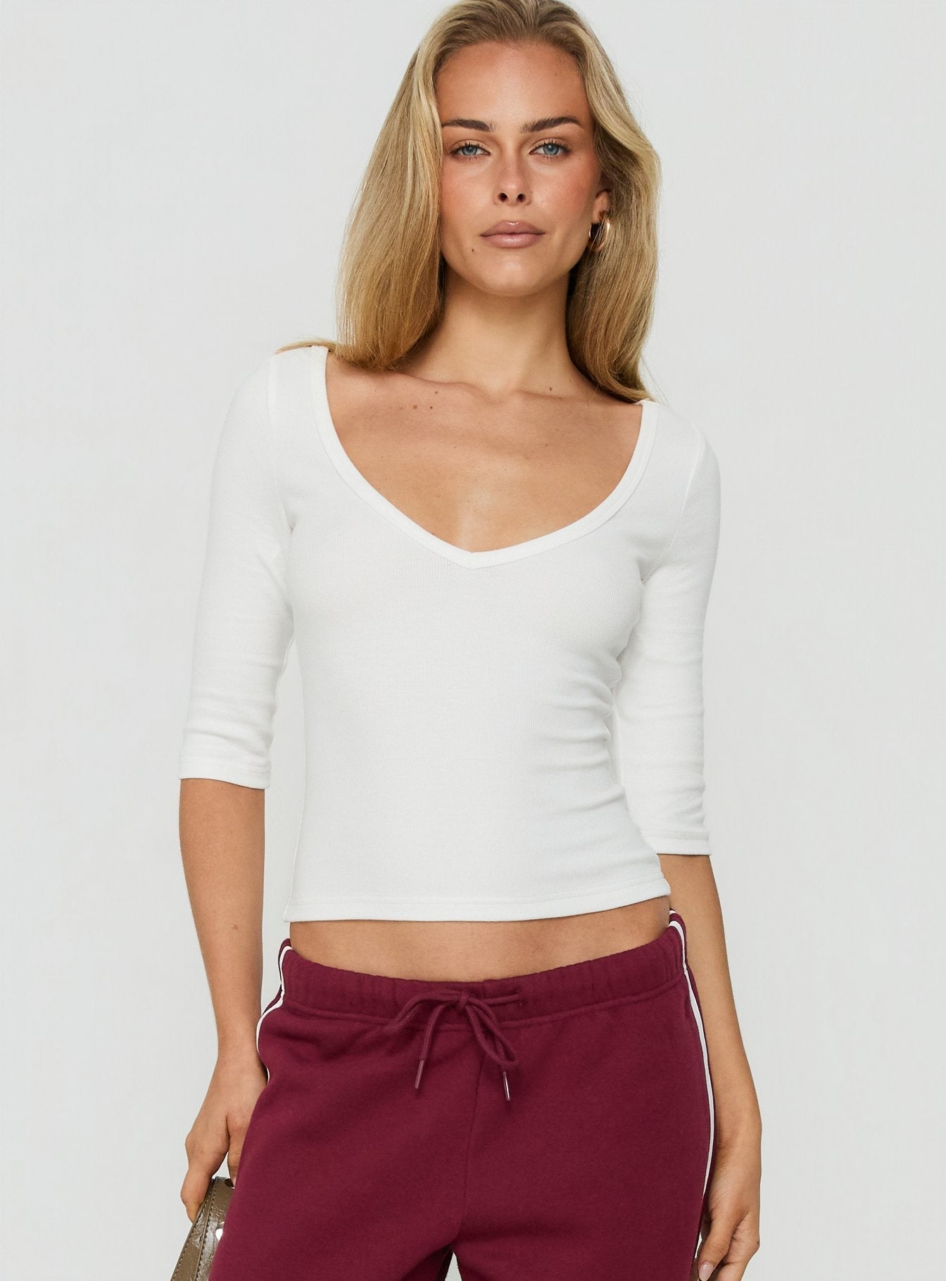Baseline Rib V Neck 3/4 Sleeve Top White