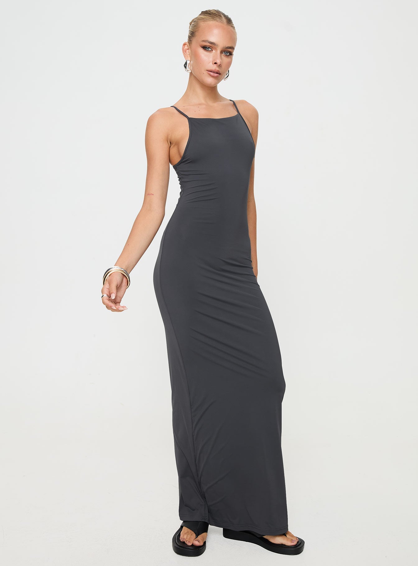Grey Maxi dress Slim fit, high neckline, adjustable straps