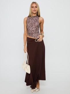   front view of model wearing Princess Polly Nola Hardware Slit Maxi Skirt Brown Maxi 