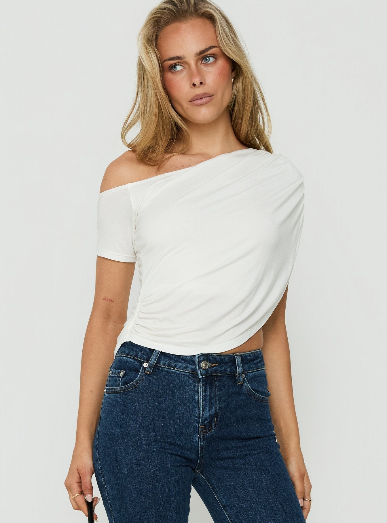 How About Now Drape Off Shoulder Top White