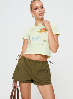Olive Low rise shorts Drawstring waistband, twin hip pockets, dolphin hem