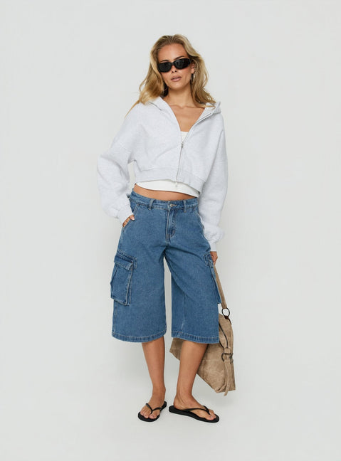 Hudsen Longline Cargo Denim Jorts Mid Blue Wash