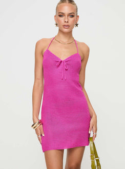 Purple Mini dress Knit material, halter style, pinched bust with tie detail
