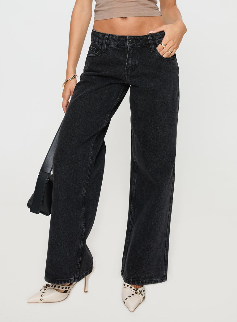 Black Low rise denim jeans Slouch fit, classic five pocket designs, belt looped waist, button & zip fastening