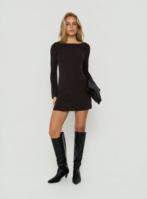 Samire Long Sleeve Rib Knit Mini Dress Chocolate