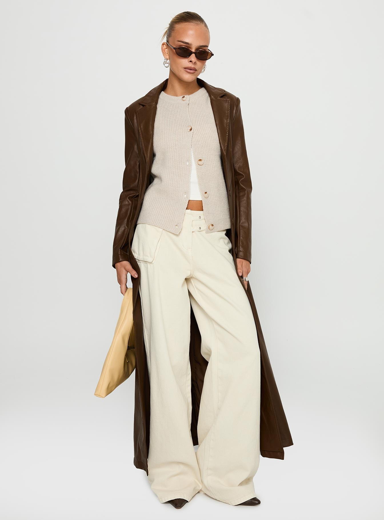 Speak Easy Long Line Faux Leather Coat Brown