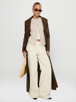 Speak Easy Long Line Faux Leather Coat Brown