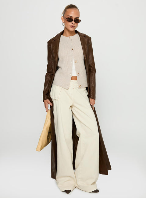 Speak Easy Long Line Faux Leather Coat Brown