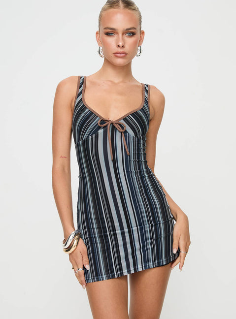 Black striped Striped mini dress V neckline, fixed shoulder straps, tie detail at bust