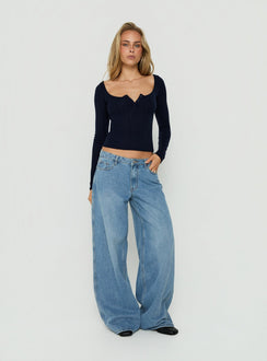 Imalee Long Sleeve Scoop Pointelle Top Navy