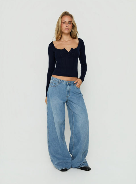 Imalee Long Sleeve Scoop Pointelle Top Navy