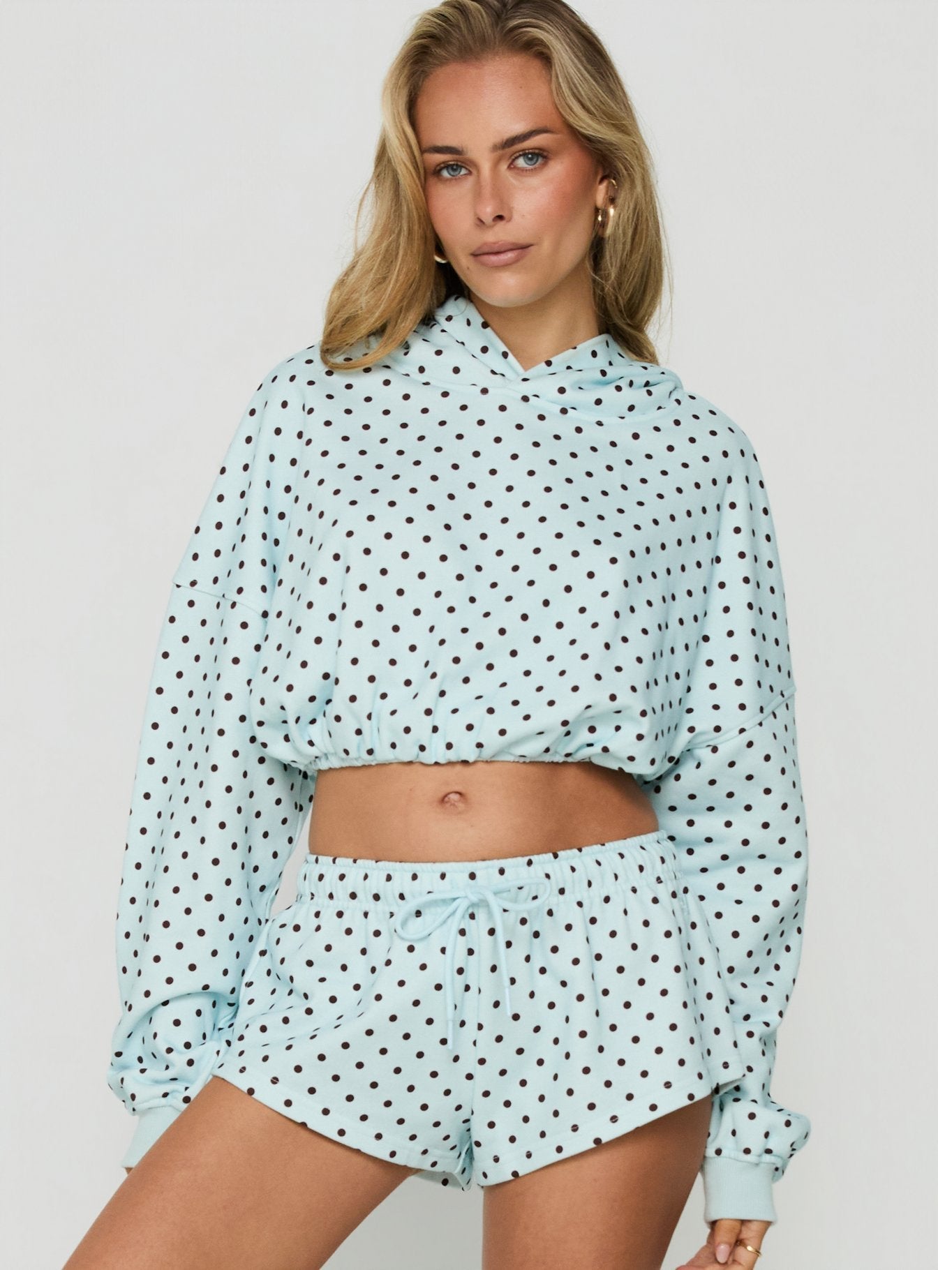 Mayse Bubble Hem Cropped Hoodie Blue Polka Dot