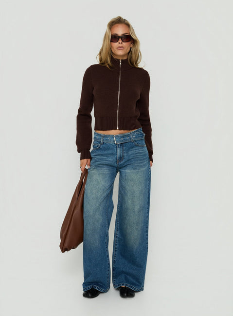 Ives Knit Zip Through Jumper Dark Brown
