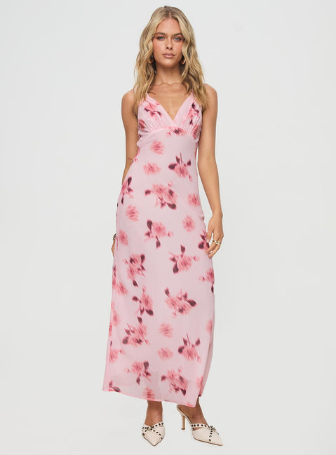 side view of model wearing Princess Polly Maysa Floral Maxi Dress Pink Plunger 