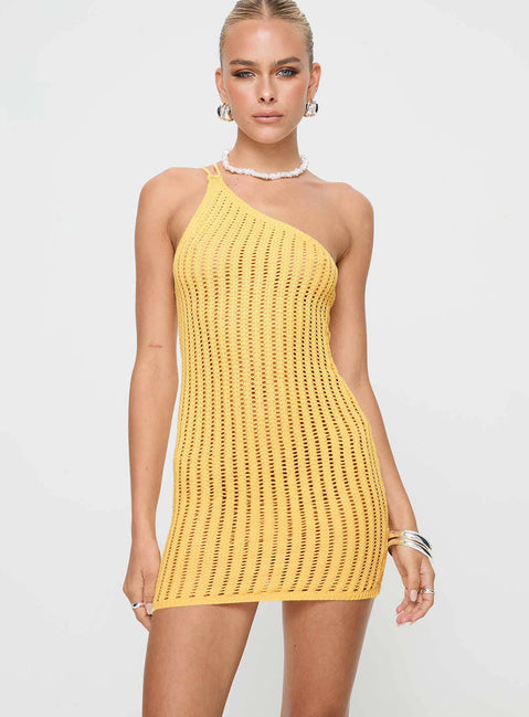 Yellow Mini dress Crochet material, one shoulder style, fixed straps