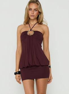 Betsey Ring Detail Tie Neck Mini Dress Burgundy