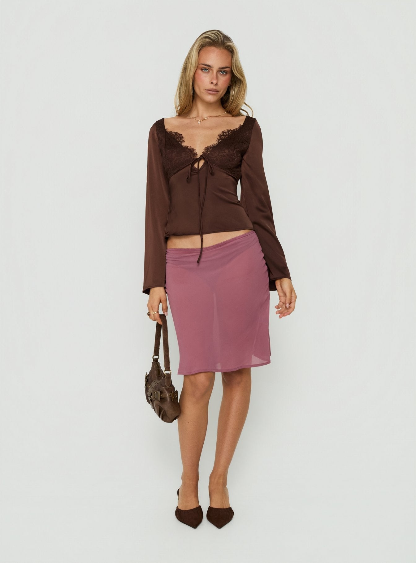 Jerelyn Lace Bust Long Sleeve Top Chocolate