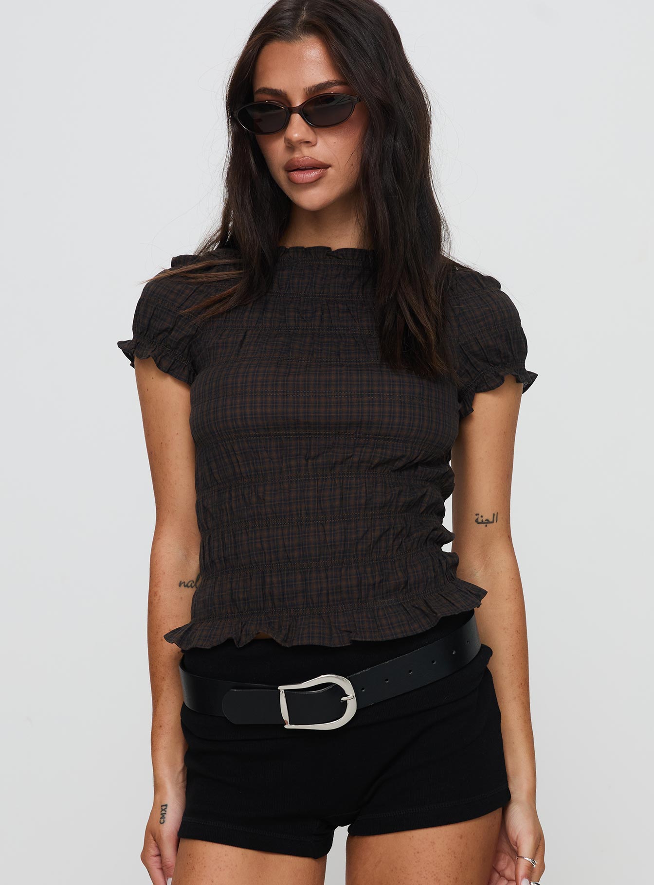 Romelle Shirred Top Black / Brown Plaid Petite