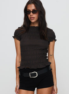 front view of model wearing Princess Polly Romelle Shirred Top Black / Brown Plaid Short Sleeves High Neck 