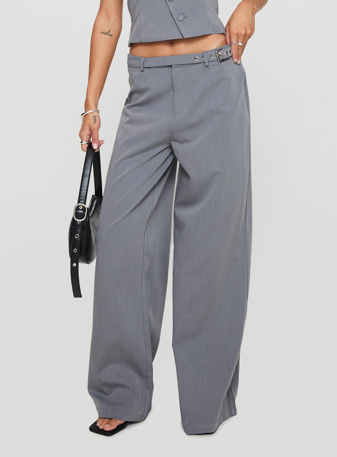 back view of model wearing Princess Polly Miku Pants Charcoal High Waisted Pants 