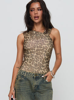 front view of model wearing Princess Polly Serenata Bodysuit Leopard Sleeveless 
