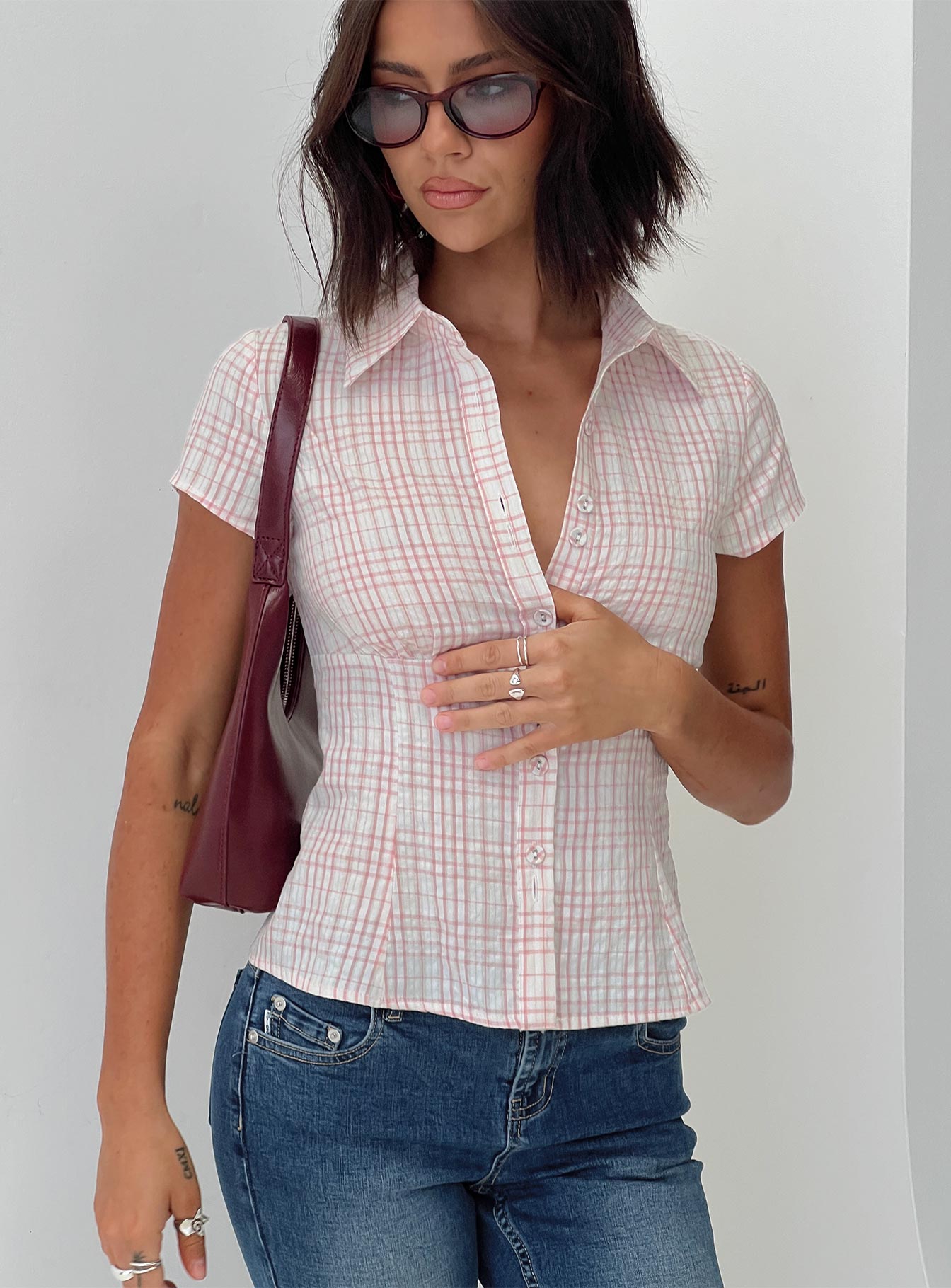 Cottesloe Blouse Top Pink Check Petite