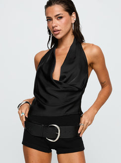 side view of model wearing Princess Polly Cash Or Credit Cowl Neck Top Black Sleeveless Cowl 