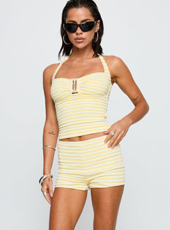 front view of model wearing Princess Polly Edamame Micro Shorts Yellow Stripe High Waisted Shorts 