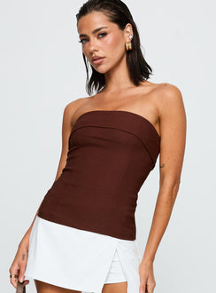 side view of model wearing Princess Polly Good Looking Strapless Top Currant Sleeveless straight 