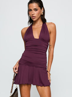 front view of model wearing Princess Polly Intrigue Halter Mini Dress Plum Plunger 