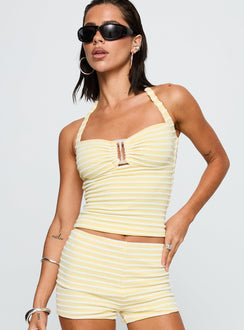 front view of model wearing Princess Polly Dreaming Of Me Top Yellow Stripe Sleeveless Sweetheart 