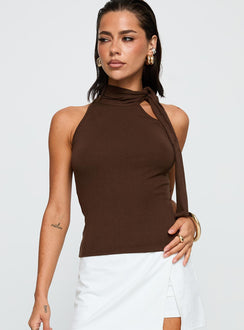 front view of model wearing Princess Polly Mathias Top Chocolate Sleeveless High Neck 