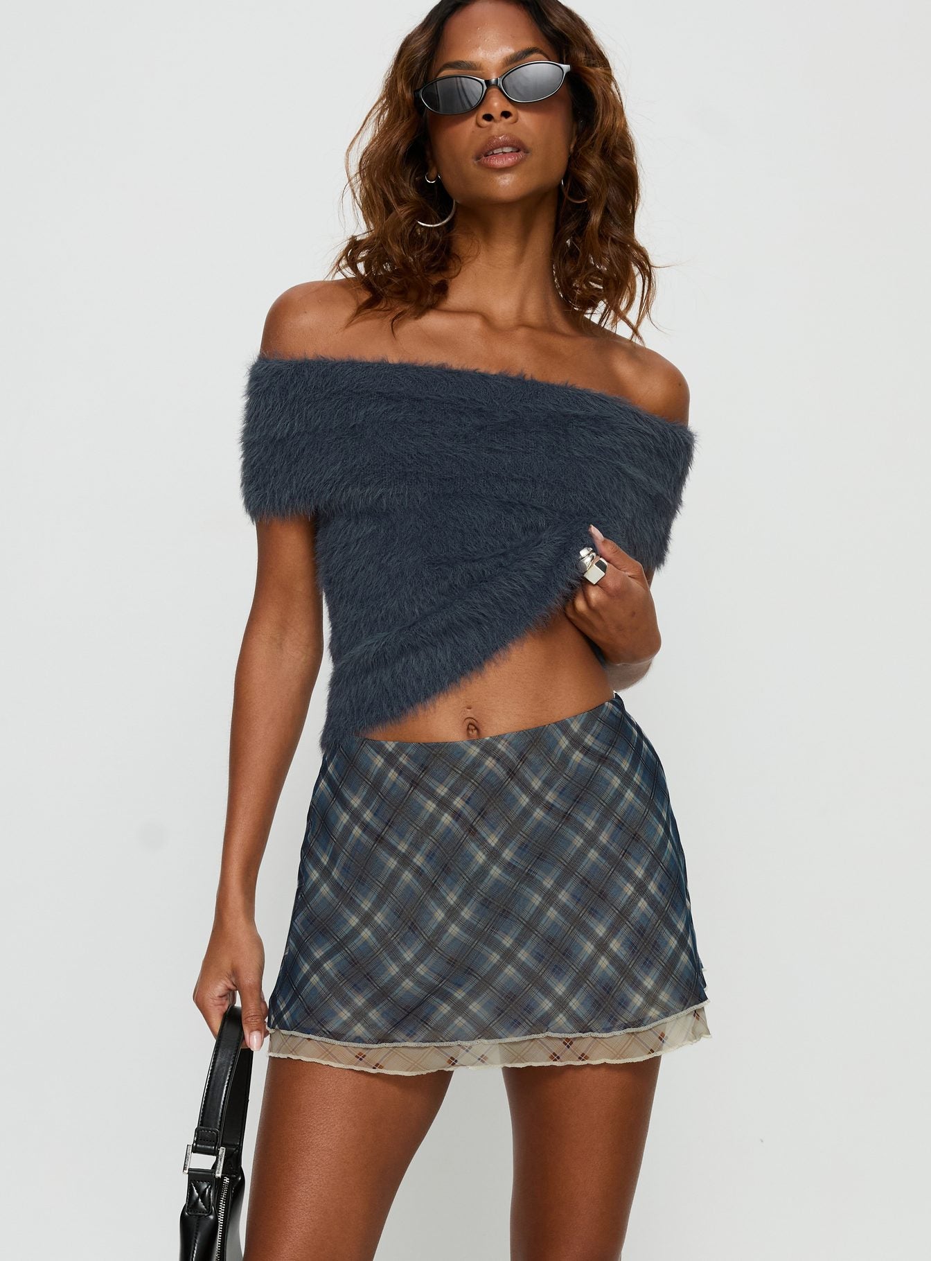 back view of model wearing Princess Polly Avalind Layered Mini Skirt Bue Check Mini Skirts 