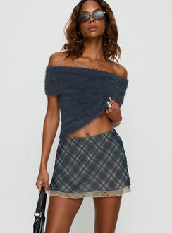 back view of model wearing Princess Polly Avalind Layered Mini Skirt Bue Check Mini Skirts 