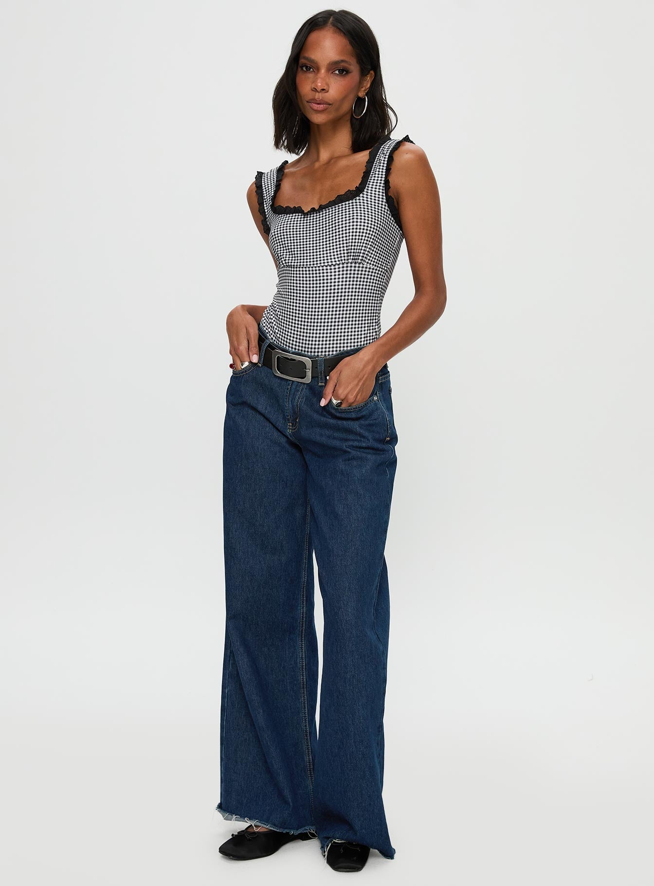 back view of model wearing Princess Polly Trustfund Lace Trim Bodysuit Black / White Check Sleeveless 