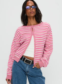 front view of model wearing Princess Polly Heavenly Dream Cardigan Pink Stripe Cropped 