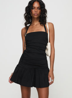 front view of model wearing Princess Polly Tamlyn Halter Mini Dress Black Asymmetric Neckline 