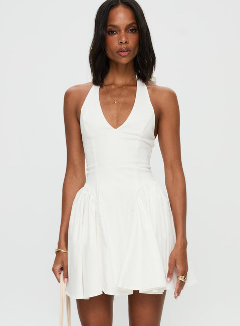 front view of model wearing Princess Polly Karisse Halter Mini Dress White Plunger 